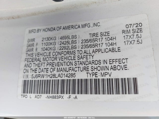 Продаж на аукціоні авто 2020 Honda Cr-v 2wd Lx, vin: 5J6RW1H28LA014285, номер лоту: 45386797