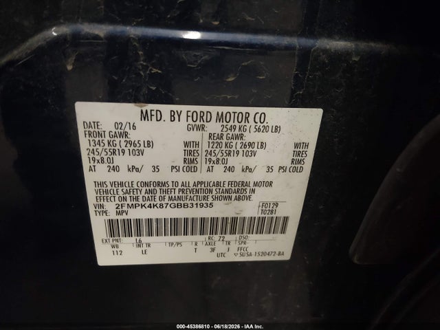 Продаж на аукціоні авто 2016 Ford Edge Titanium, vin: 2FMPK4K87GBB31935, номер лоту: 45386810