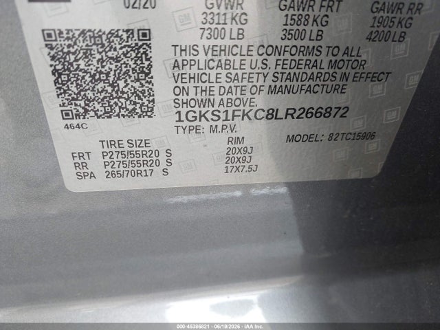 45386821 :رقم المزاد ، 1GKS1FKC8LR266872 vin ، 2020 Gmc Yukon Xl 2wd Sle مزاد بيع