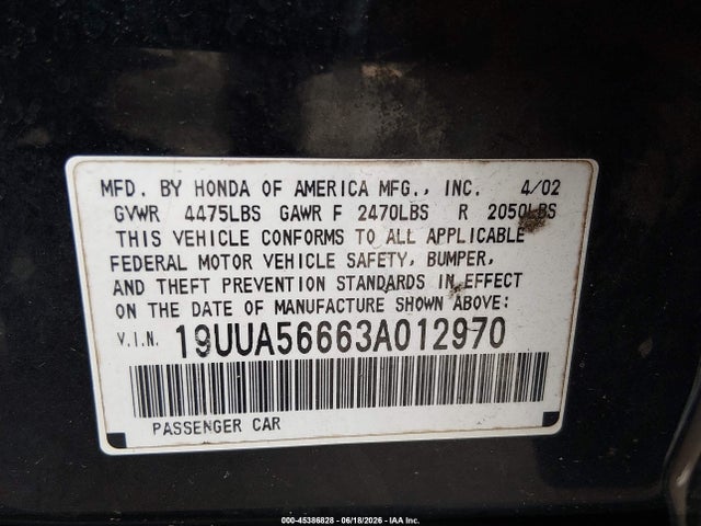 45386828 :رقم المزاد ، 19UUA56663A012970 vin ، 2003 Acura Tl 3.2 مزاد بيع