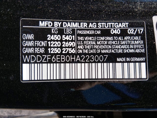 Aukcja sprzedaży 2017 Mercedes-benz Amg E 43 4matic, vin: WDDZF6EB0HA223007, numer aukcji: 45386832