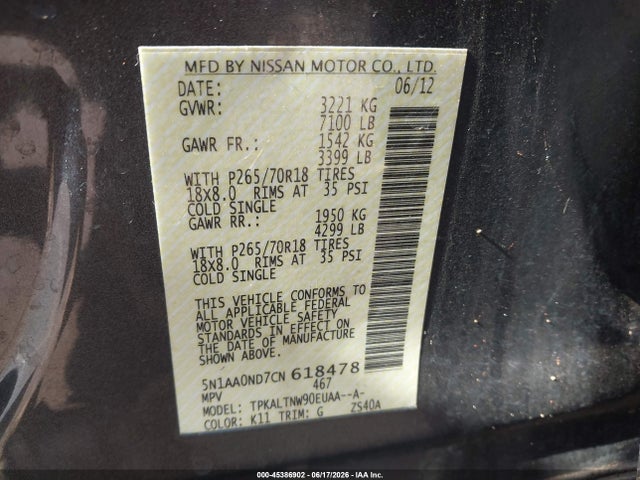 Продажа на аукционе авто 2012 Nissan Armada Sv, vin: 5N1AA0ND7CN618478, номер лота: 45386902