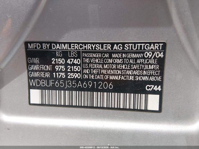 Продажа на аукционе авто 2005 Mercedes-benz E 320, vin: WDBUF65J35A691206, номер лота: 45386912