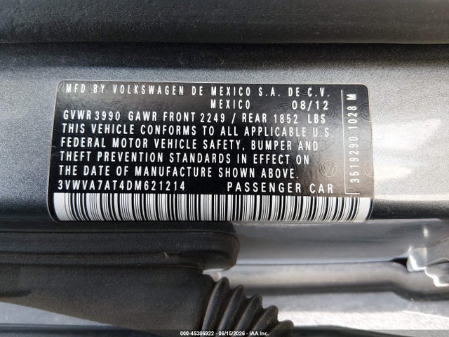 2013 Volkswagen Beetle 2.0t Turbo მანქანა იყიდება აუქციონზე, vin: 3VWVA7AT4DM621214, აუქციონის ნომერი: 45386922