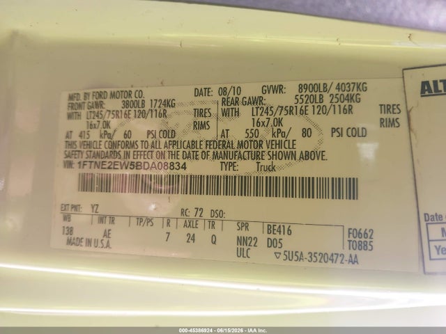 45386924 :رقم المزاد ، 1FTNE2EW5BDA08834 vin ، 2011 Ford E-250 Commercial مزاد بيع