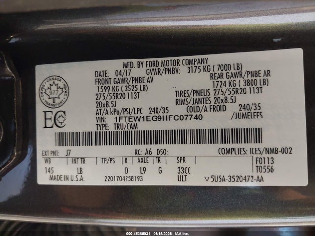 Ford F-150 Lariat 2017 1FTEW1EG9HFC07740 Image 9