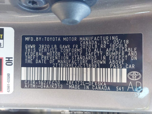 2T1BURHE2JC118981 Toyota COROLLA SE