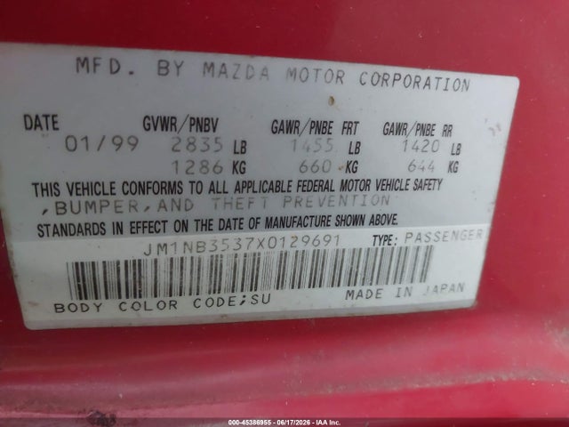 45386955 :رقم المزاد ، JM1NB3537X0129691 vin ، 1999 Mazda Mx-5 Miata Leather/leather Pkg/popular Equip/sports Pkg/touring Pkg مزاد بيع