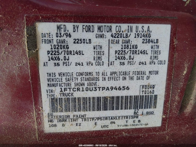 Aukcja sprzedaży 1996 Ford Ranger, vin: 1FTCR10U3TPA94656, numer aukcji: 45386983