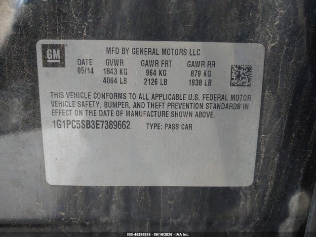 1G1PC5SB3E7389662 Chevrolet Cruze 1lt Auto