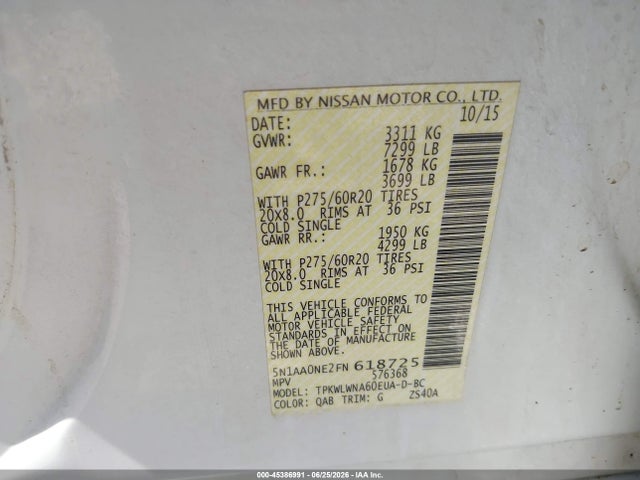 2015 Nissan Armada Platinum მანქანა იყიდება აუქციონზე, vin: 5N1AA0NE2FN618725, აუქციონის ნომერი: 45386991