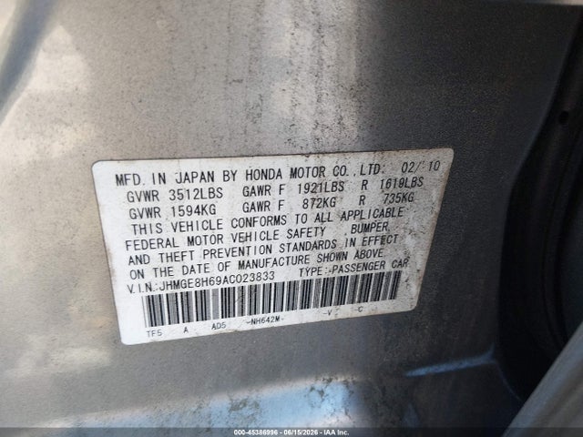 45386996 :رقم المزاد ، JHMGE8H69AC023833 vin ، 2010 Honda Fit Sport مزاد بيع