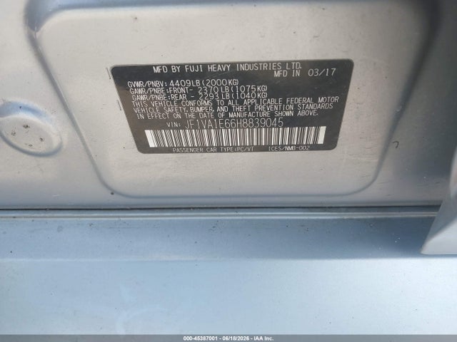 Aukcja sprzedaży 2017 Subaru Wrx Premium, vin: JF1VA1E66H8839045, numer aukcji: 45387001