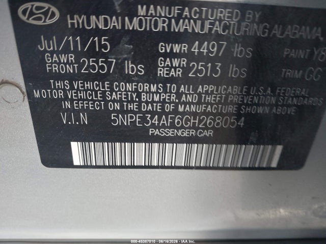 Auction sale of the 2016 Hyundai Sonata Sport, vin: 5NPE34AF6GH268054, lot number: 45387010