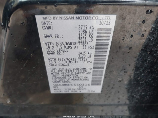 Aukcja sprzedaży 2015 Infiniti Qx60, vin: 5N1AL0MM8FC550316, numer aukcji: 45387029