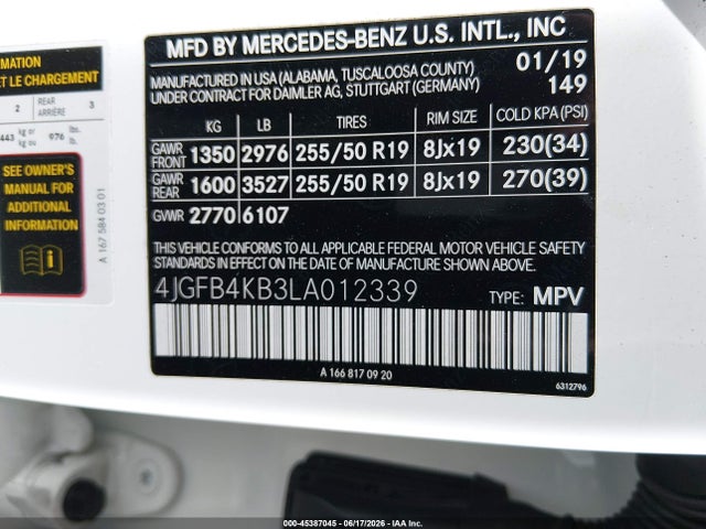 45387045 :رقم المزاد ، 4JGFB4KB3LA012339 vin ، 2020 Mercedes-benz Gle 350 4matic مزاد بيع