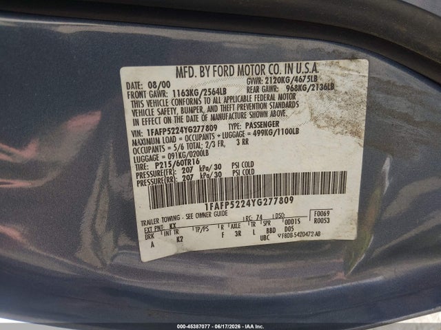 Aukcja sprzedaży 2000 Ford Taurus Lx, vin: 1FAFP5224YG277809, numer aukcji: 45387077