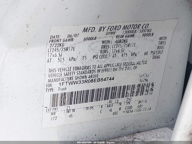 45387089 :رقم المزاد ، 1FTWW33R08EB54744 vin ، 2008 Ford F-350 مزاد بيع