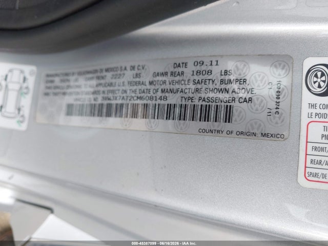 Aukcja sprzedaży 2012 Volkswagen Beetle 2.5l, vin: 3VWJX7AT2CM608148, numer aukcji: 45387099
