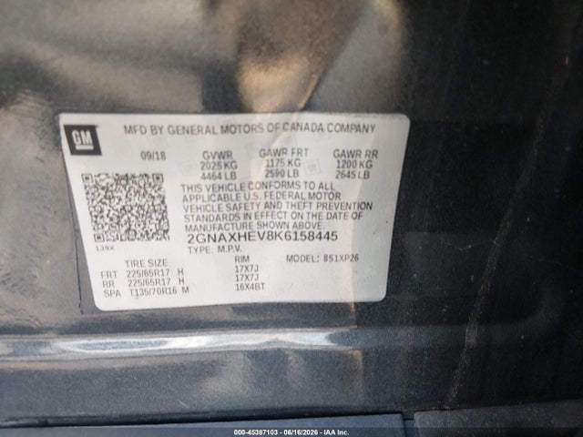 Aukcja sprzedaży 2019 Chevrolet Equinox Ls, vin: 2GNAXHEV8K6158445, numer aukcji: 45387103