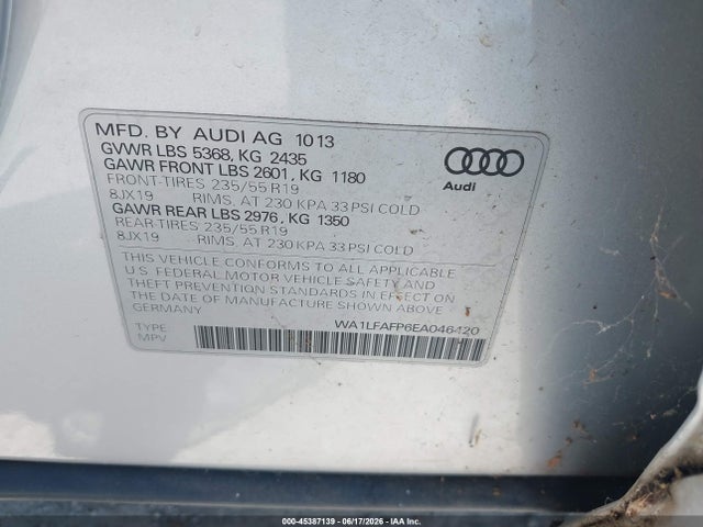 45387139 :رقم المزاد ، WA1LFAFP6EA046420 vin ، 2014 Audi Q5 2.0t Premium مزاد بيع