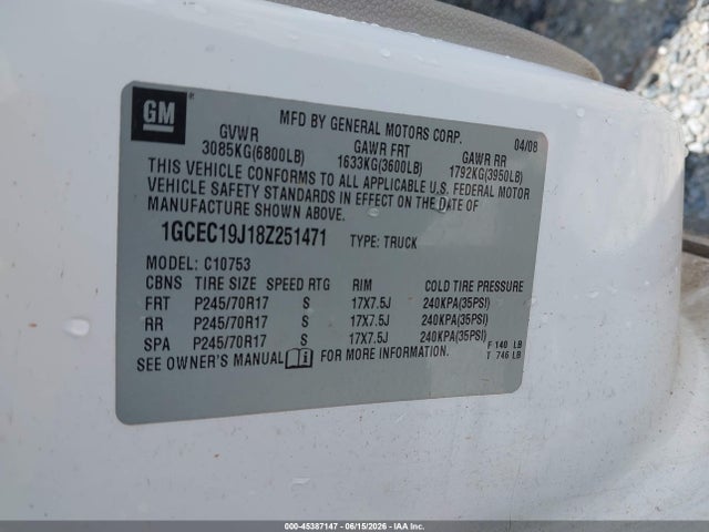 Auction sale of the 2008 Chevrolet Silverado 1500 Lt1, vin: 1GCEC19J18Z251471, lot number: 45387147