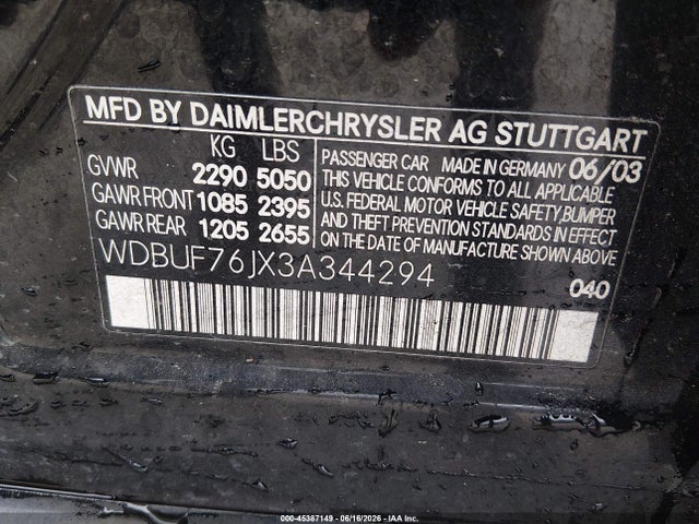 45387149 :رقم المزاد ، WDBUF76JX3A344294 vin ، 2003 Mercedes-benz E 55 Amg مزاد بيع