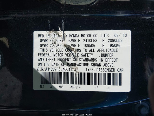 45387152 :رقم المزاد ، JH4CU2F63AC041231 vin ، 2010 Acura Tsx 2.4 مزاد بيع