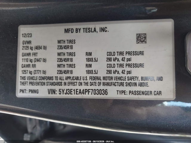 Продаж на аукціоні авто 2023 Tesla Model 3 Rear-wheel Drive, vin: 5YJ3E1EA4PF703036, номер лоту: 45387156