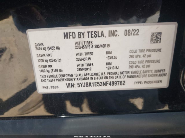 Продажа на аукционе авто 2022 Tesla Model S Dual Motor All-wheel Drive, vin: 5YJSA1E53NF489762, номер лота: 45387159