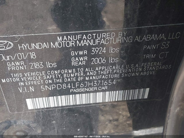 Продажа на аукционе авто 2018 Hyundai Elantra Sel, vin: 5NPD84LF6JH371654, номер лота: 45387167