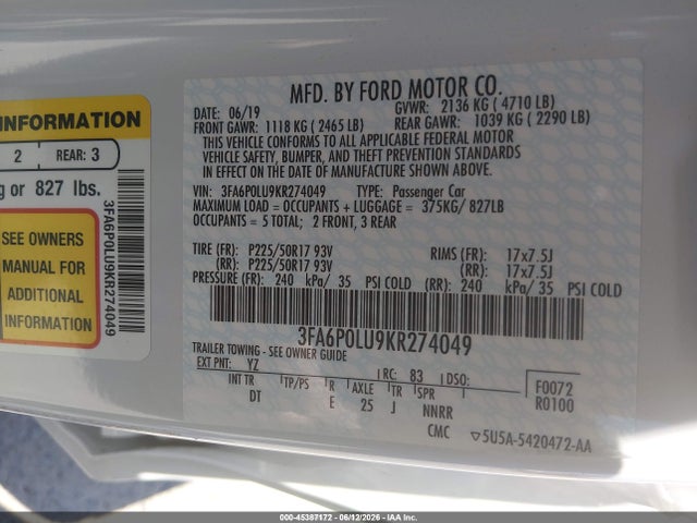 Ford Fusion Hybrid Se 2019 3FA6P0LU9KR274049 Image 9