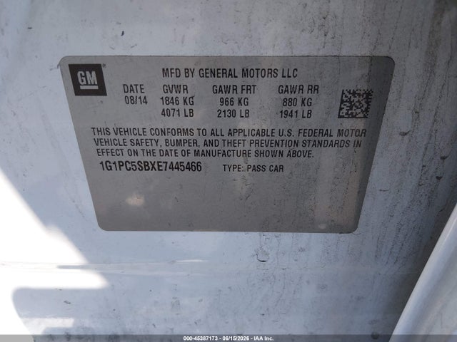 1G1PC5SBXE7445466 Chevrolet Cruze 1lt Auto
