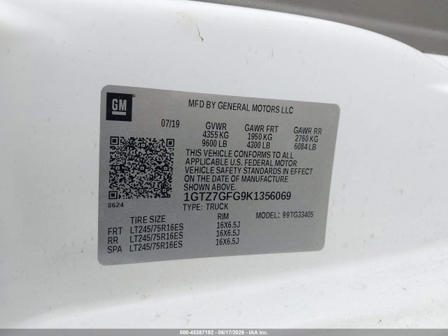 Aukcja sprzedaży 2019 Gmc Savana 3500 Work Van, vin: 1GTZ7GFG9K1356069, numer aukcji: 45387192