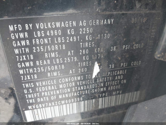 Продажа на аукционе авто 2012 Volkswagen Tiguan Se, vin: WVGBV7AX2CW609358, номер лота: 45387198