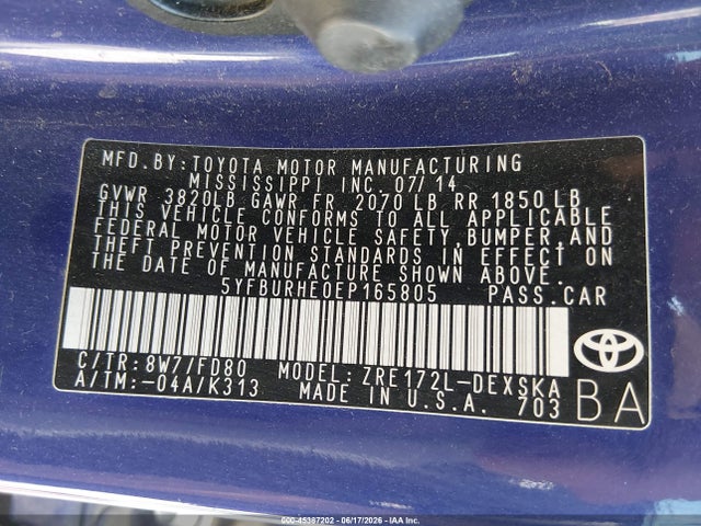 2014 Toyota Corolla S Plus მანქანა იყიდება აუქციონზე, vin: 5YFBURHE0EP165805, აუქციონის ნომერი: 45387202