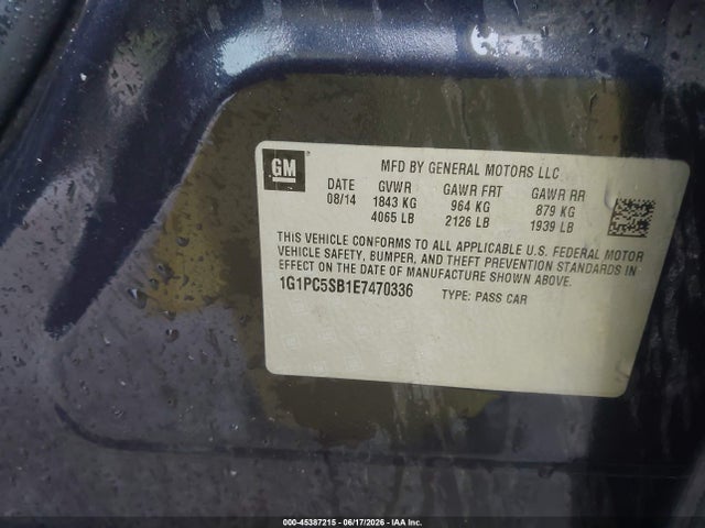45387215 :رقم المزاد ، 1G1PC5SB1E7470336 vin ، 2014 Chevrolet Cruze 1lt Auto مزاد بيع