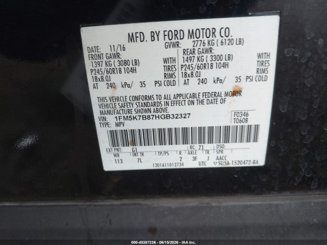 45387236 :رقم المزاد ، 1FM5K7B87HGB32327 vin ، 2017 Ford Explorer مزاد بيع