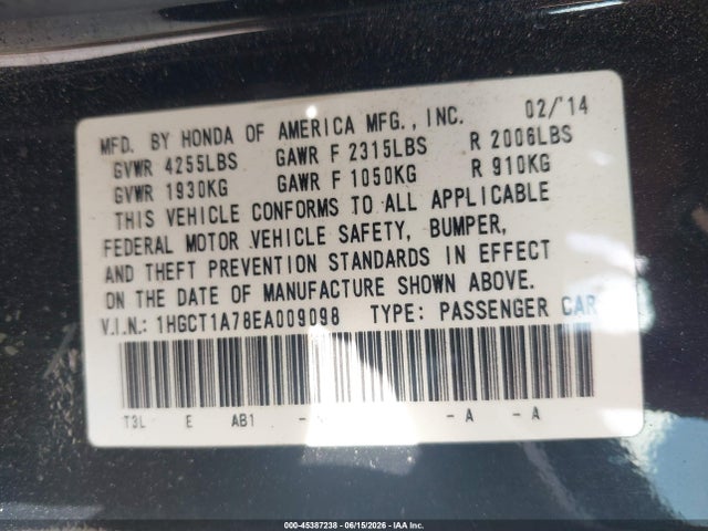 45387238 :رقم المزاد ، 1HGCT1A78EA009098 vin ، 2014 Honda Accord Ex مزاد بيع