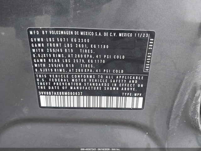 Продажа на аукционе авто 2024 Volkswagen Tiguan 2.0t Se R-line Black, vin: 3VV8B7AX8RM060637, номер лота: 45387243
