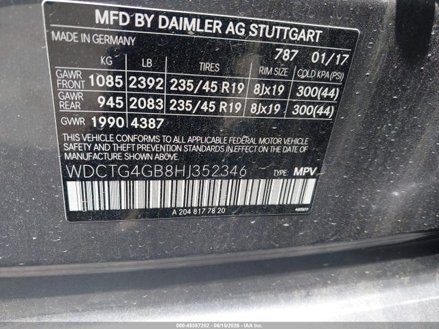45387252 :رقم المزاد ، WDCTG4GB8HJ352346 vin ، 2017 Mercedes-benz Gla 250 4matic مزاد بيع
