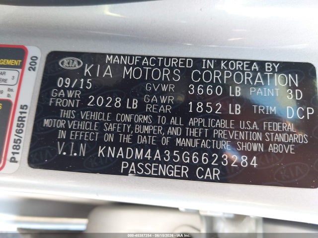 Продажа на аукционе авто 2016 Kia Rio Lx, vin: KNADM4A35G6623284, номер лота: 45387254