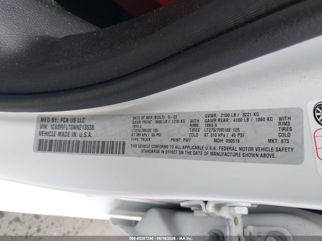 Aukcja sprzedaży 2022 Ram 1500 Rebel  4x4 5'7 Box, vin: 1C6SRFLT0NN213538, numer aukcji: 45387260