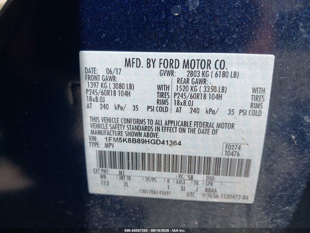 Aukcja sprzedaży 2017 Ford Explorer, vin: 1FM5K8B89HGD41364, numer aukcji: 45387282