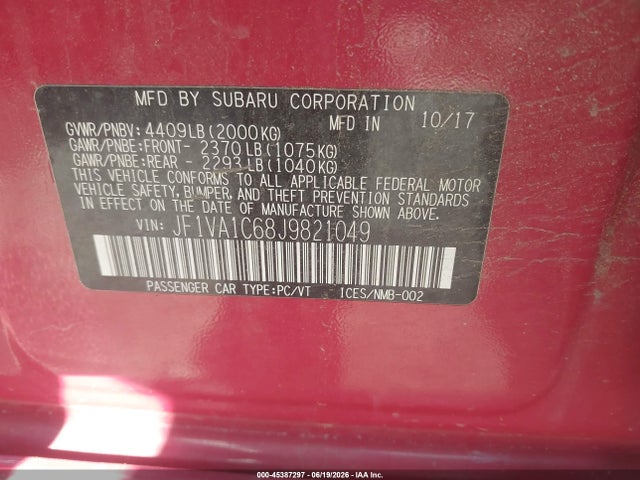 Aukcja sprzedaży 2018 Subaru Wrx Premium, vin: JF1VA1C68J9821049, numer aukcji: 45387297