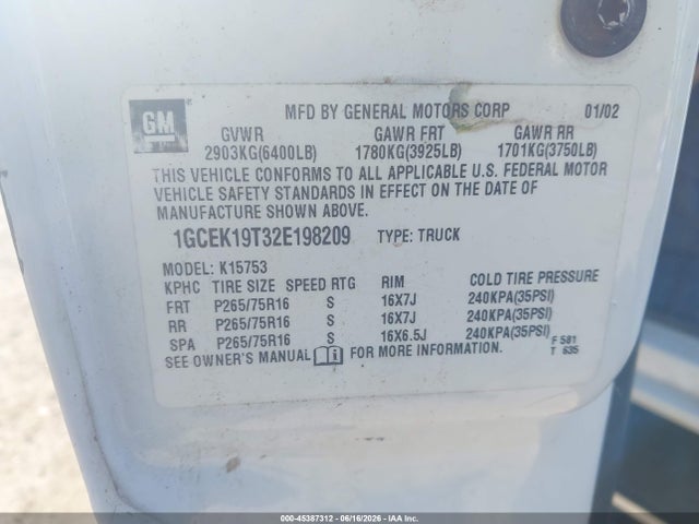 Aukcja sprzedaży 2002 Chevrolet Silverado 1500 Ls, vin: 1GCEK19T32E198209, numer aukcji: 45387312