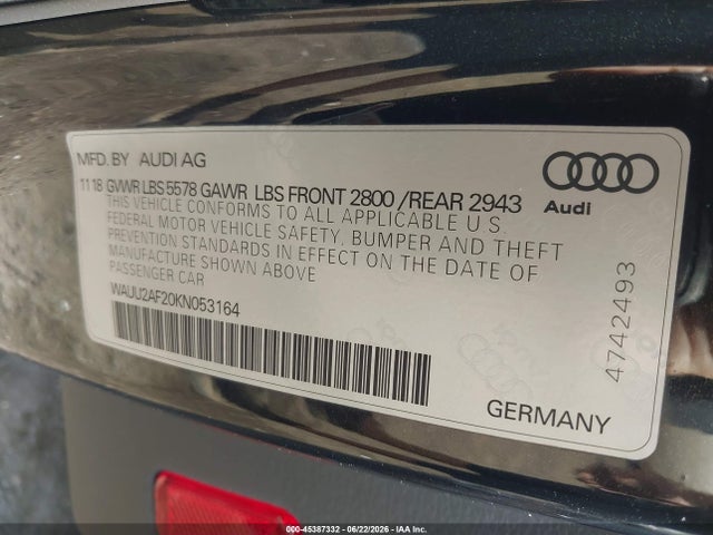2019 Audi A7 55 Premium მანქანა იყიდება აუქციონზე, vin: WAUU2AF20KN053164, აუქციონის ნომერი: 45387332