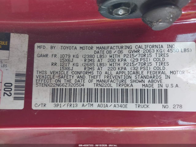 2006 Toyota Tacoma მანქანა იყიდება აუქციონზე, vin: 5TENX22N66Z320504, აუქციონის ნომერი: 45387333