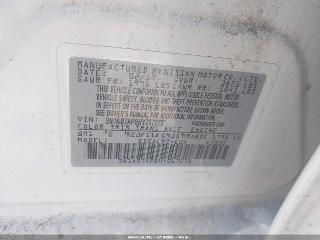 Aukcja sprzedaży 2017 Nissan Sentra S, vin: 3N1AB7AP8HY267278, numer aukcji: 45387335