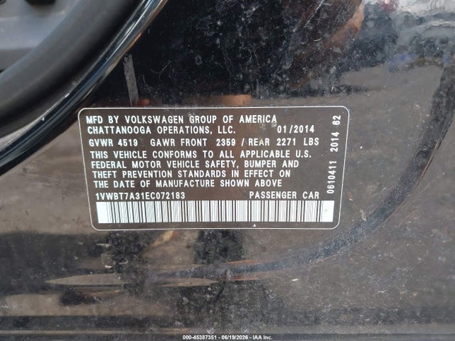 Продаж на аукціоні авто 2014 Volkswagen Passat 1.8t Se, vin: 1VWBT7A31EC072183, номер лоту: 45387351